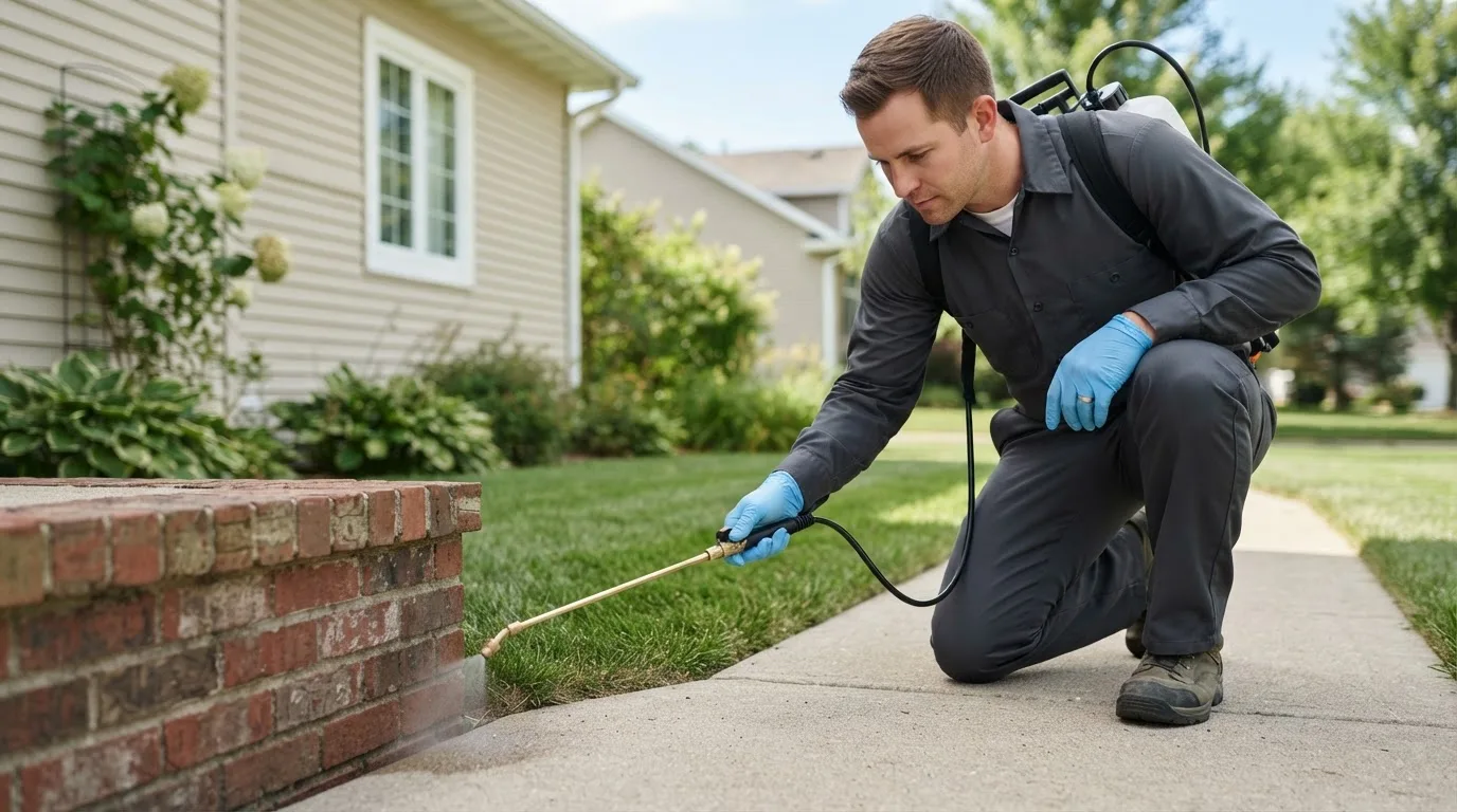 Pest control technician treating a home near Fonda, IA