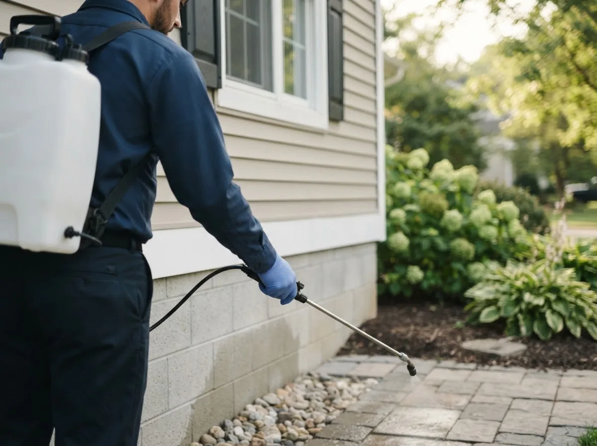 Pest control technician inspecting a home in Fonda, IA